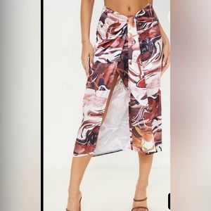 PRETTY LITTLE THING Brown Printed Wrap Tie MIDI Skirt